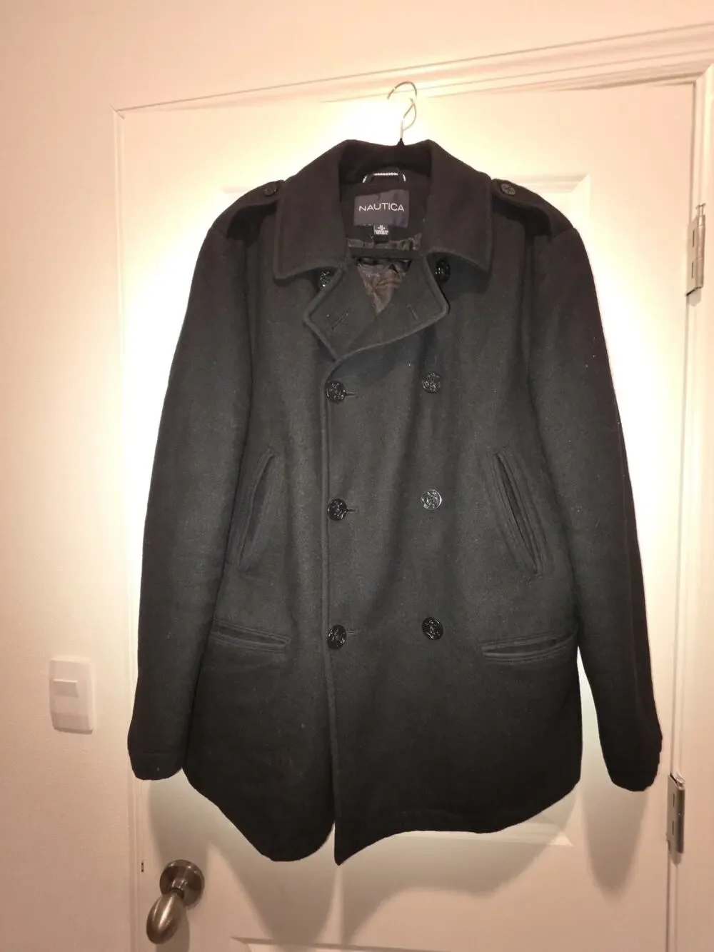 NAUTICA Men's Classic Double-Breasted Peacoat Coat Quilted Lining Black Sz M